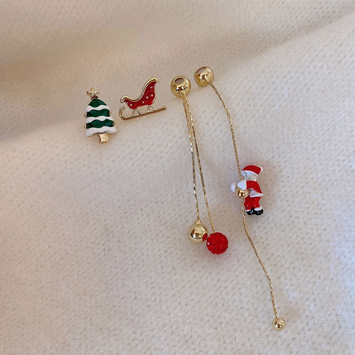 Santa Tassel Christmas Earrings with Tree or Snowflake Charm | Long 8 cm Dangle Festive Jewelry | Stainless Steel