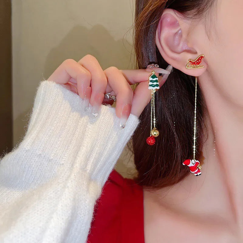 Santa Tassel Christmas Earrings with Tree or Snowflake Charm | Long 8 cm Dangle Festive Jewelry | Stainless Steel