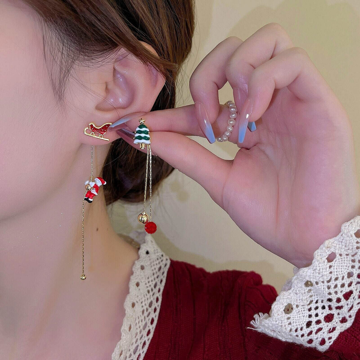 Santa Tassel Christmas Earrings with Tree or Snowflake Charm | Long 8 cm Dangle Festive Jewelry | Stainless Steel