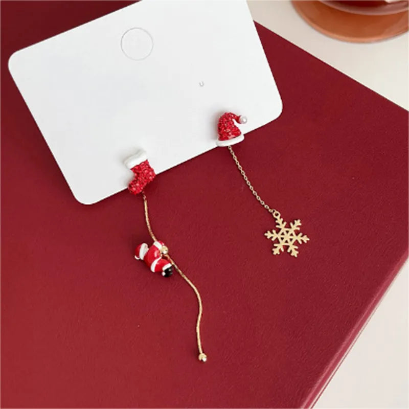 Santa Tassel Christmas Earrings with Tree or Snowflake Charm | Long 8 cm Dangle Festive Jewelry | Stainless Steel