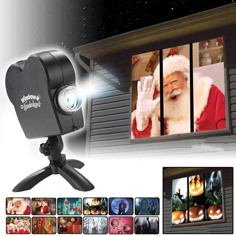Halloween window projector casting an animated holiday scene onto a window