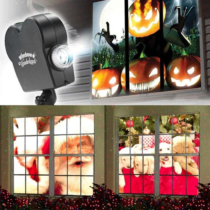Halloween projection displayed across a home window at night