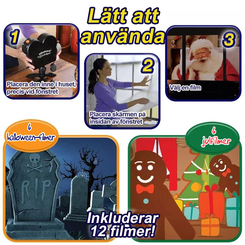 Window projector displaying a spooky animated Halloween figure