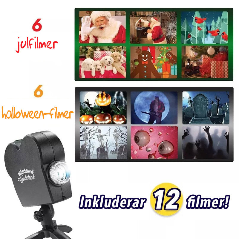 Halloween and Christmas window projector shown with its stand adjusted