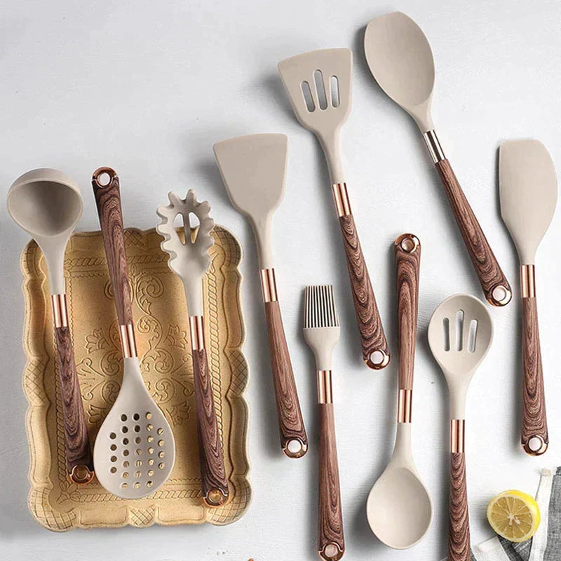 Silicone Kitchen Utensil Set with Wooden Handles | Pan-Friendly Tools That Will Not Scratch | Heat Resistant Grips