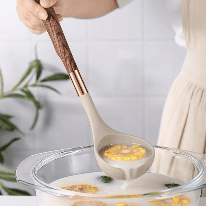 Silicone Kitchen Utensil Set with Wooden Handles | Pan-Friendly Tools That Will Not Scratch | Heat Resistant Grips