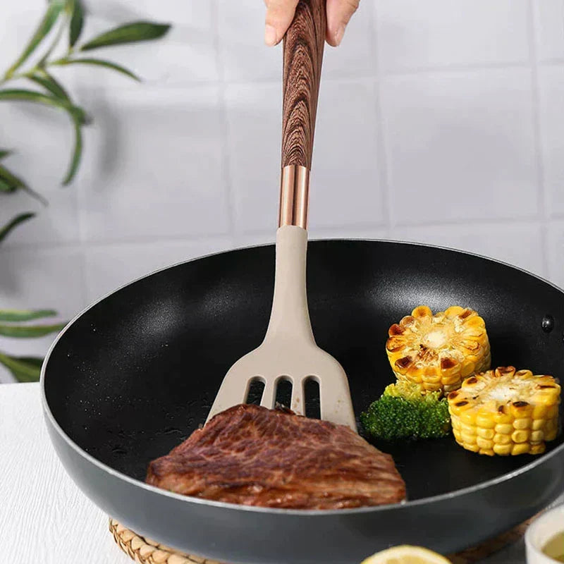 Silicone Kitchen Utensil Set with Wooden Handles | Pan-Friendly Tools That Will Not Scratch | Heat Resistant Grips