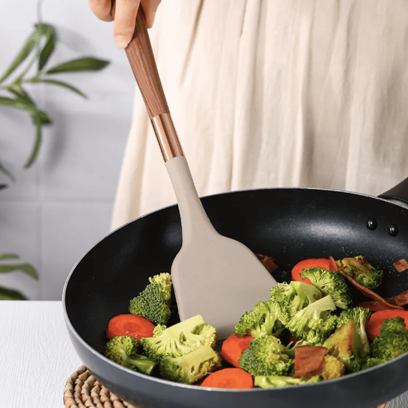 Silicone Kitchen Utensil Set with Wooden Handles | Pan-Friendly Tools That Will Not Scratch | Heat Resistant Grips
