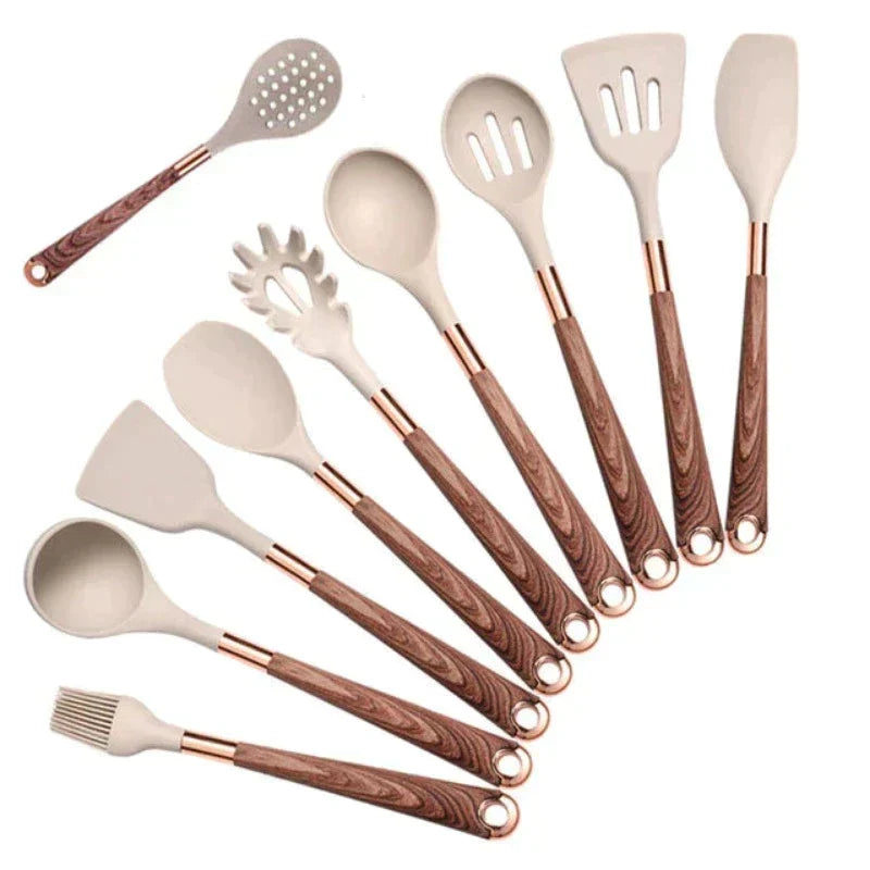 Silicone Kitchen Utensil Set with Wooden Handles | Pan-Friendly Tools That Will Not Scratch | Heat Resistant Grips