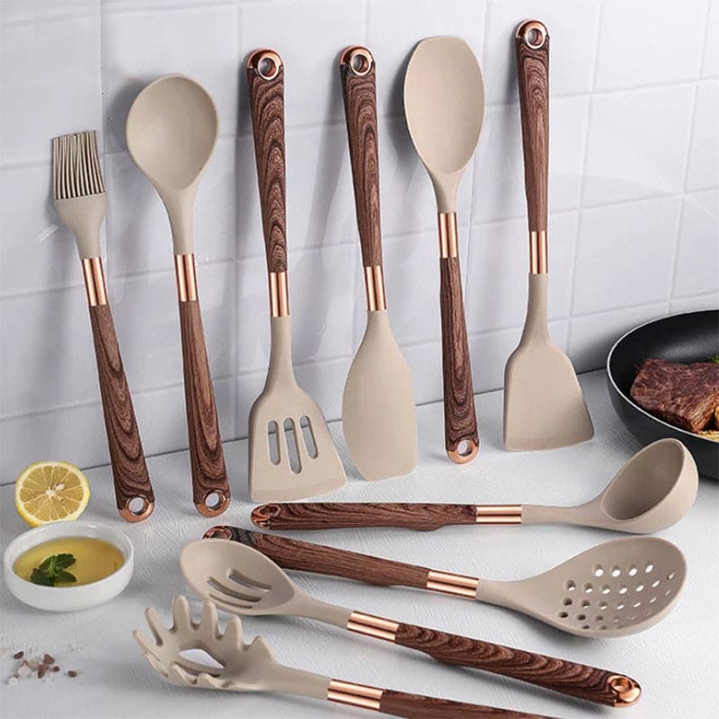 Silicone Kitchen Utensil Set with Wooden Handles | Pan-Friendly Tools That Will Not Scratch | Heat Resistant Grips