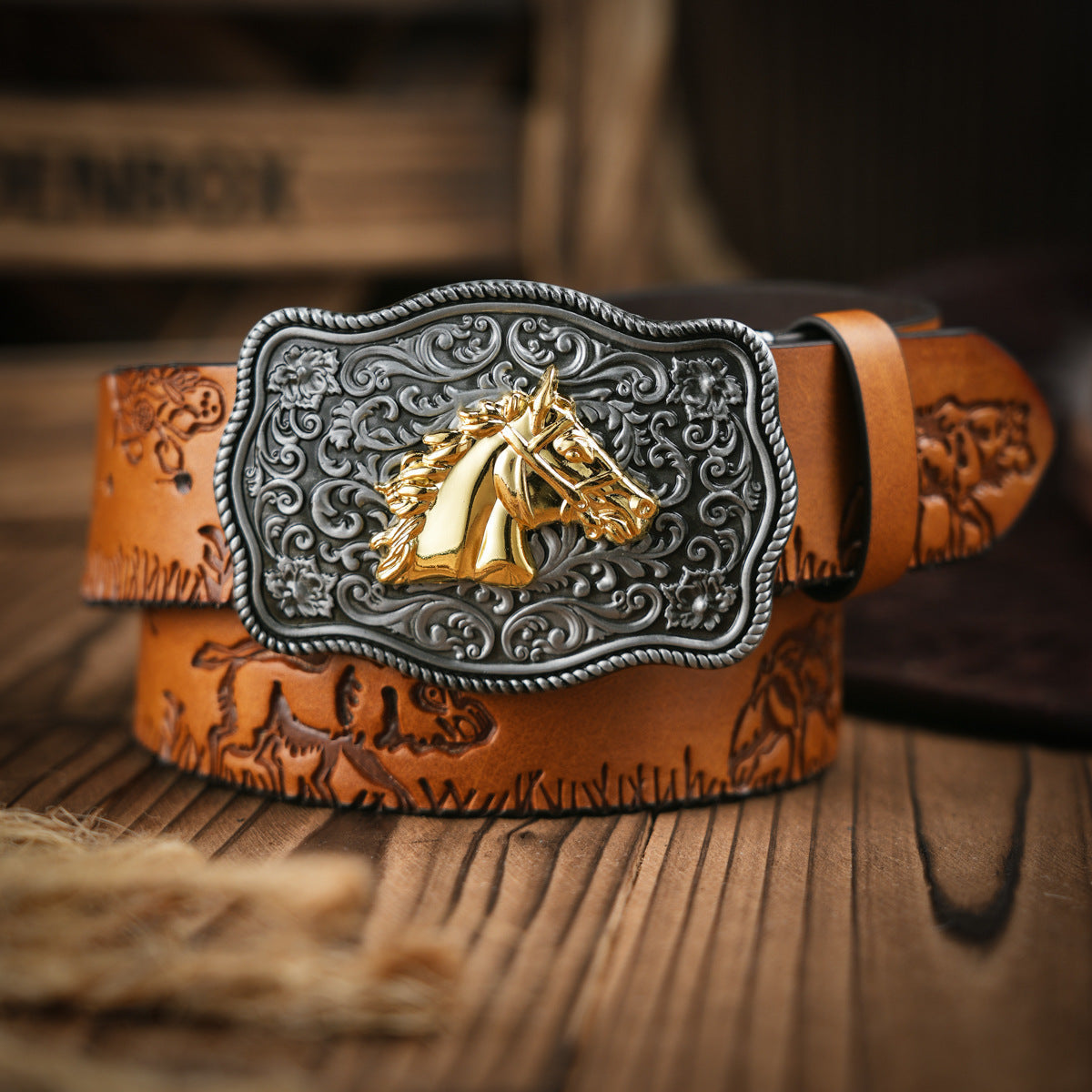 Western Style Belt for Him in Vegan Leather | Floral, Horse Head or Bull Buckle | Tooled Strap for Jeans and Chinos