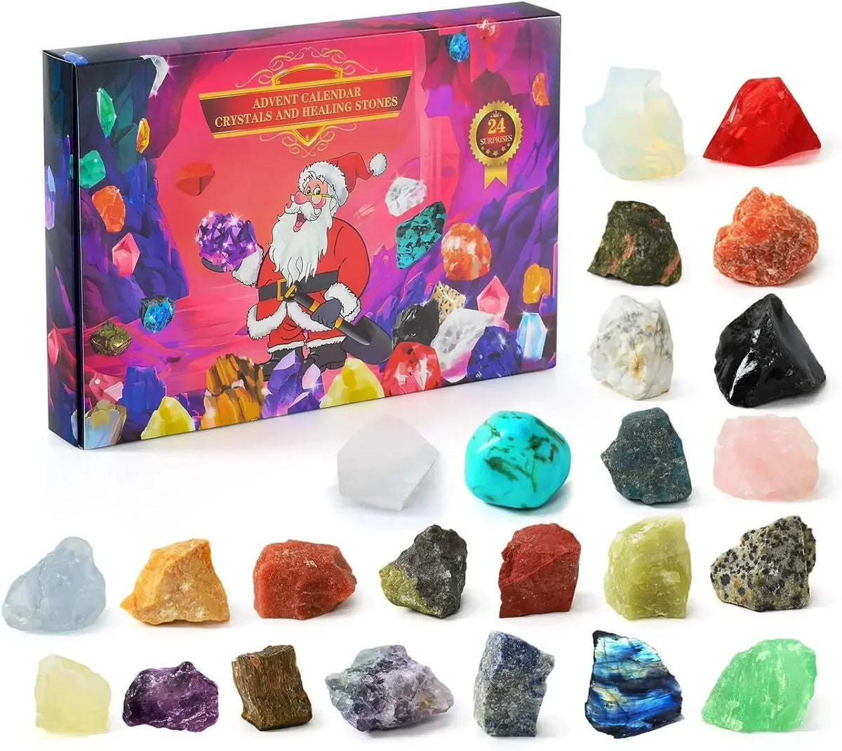 Gemstone Advent Calendar for Kids with 24 Crystals | Christmas Countdown in Four Designs | Educational Xmas Gift