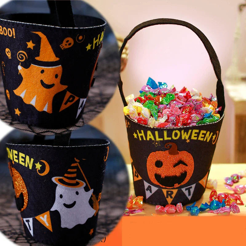 Halloween candy bucket with ghost design and carry handle