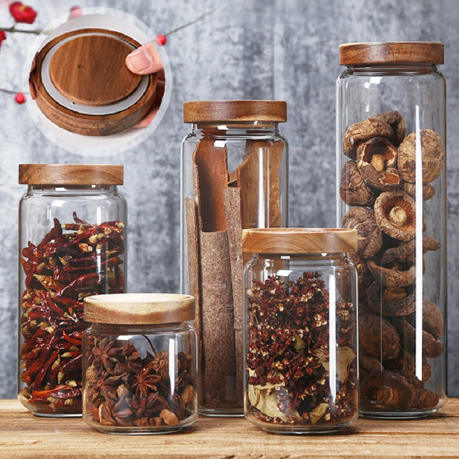 Glass Storage Containers for Food with Airtight Wooden Lids | Microwave Safe and BPA Free | 4 Sizes up to 51 fl oz