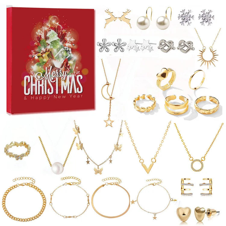Jewelry Advent Calendar with 24 Pieces in Gold or Silver | Christmas Countdown for Women | Daily Necklace and Earrings