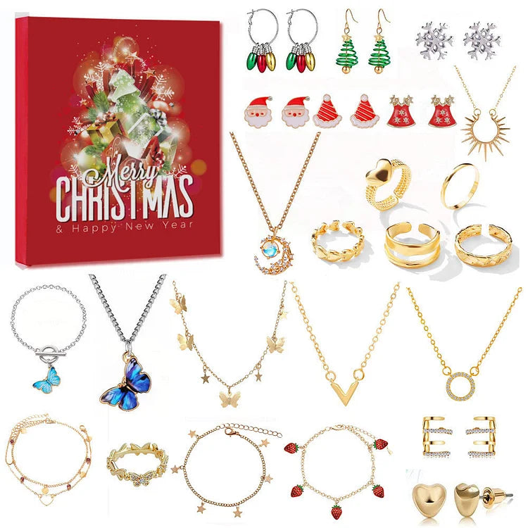 Jewelry Advent Calendar with 24 Pieces in Gold or Silver | Christmas Countdown for Women | Daily Necklace and Earrings