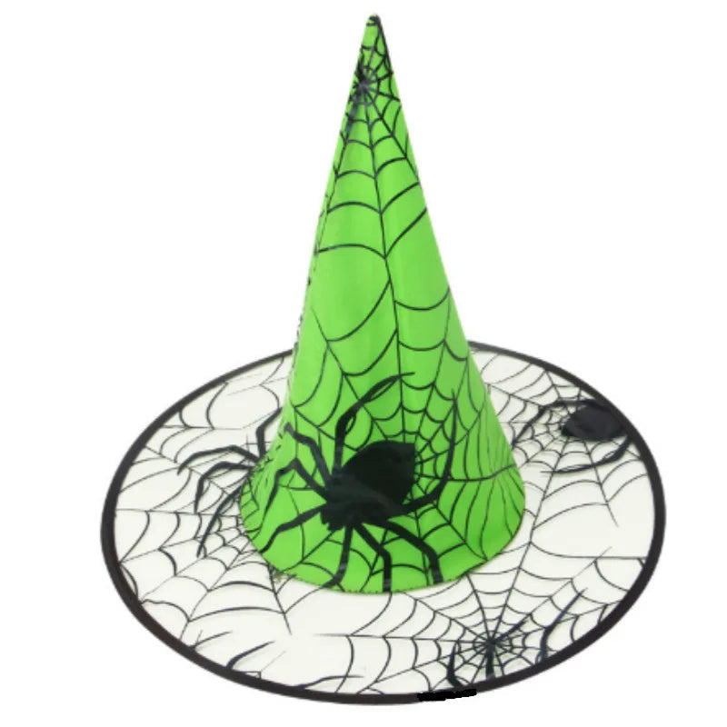 Green spider web print Halloween witch hat