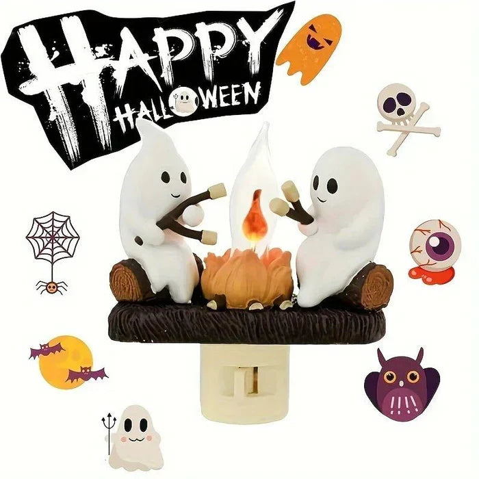 Halloween ghost campfire night light with a flickering LED flame