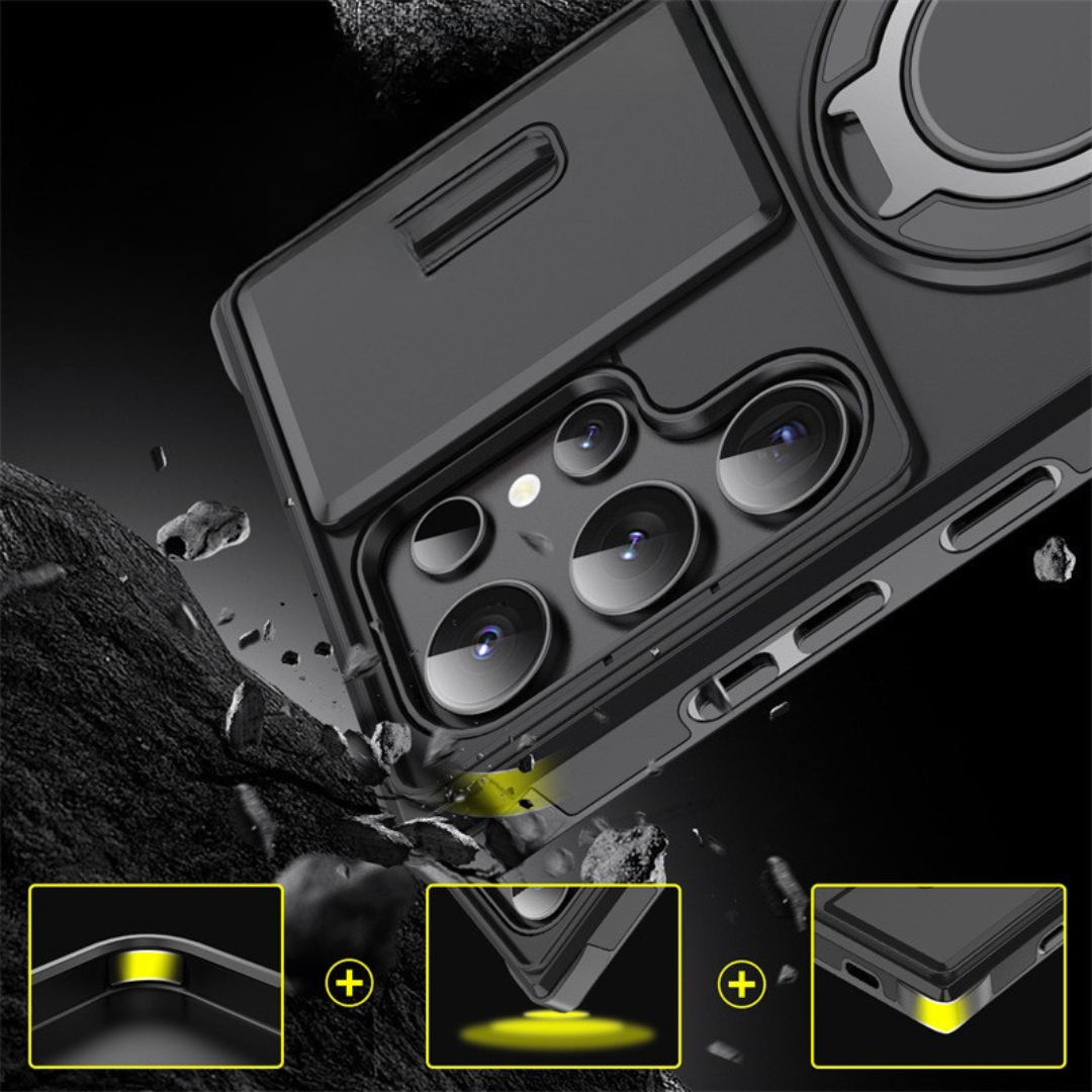 MagSafe Phone Case for Samsung Galaxy S25 Ultra and Earlier | Sliding Camera Cover with Fold-Out Ring Stand