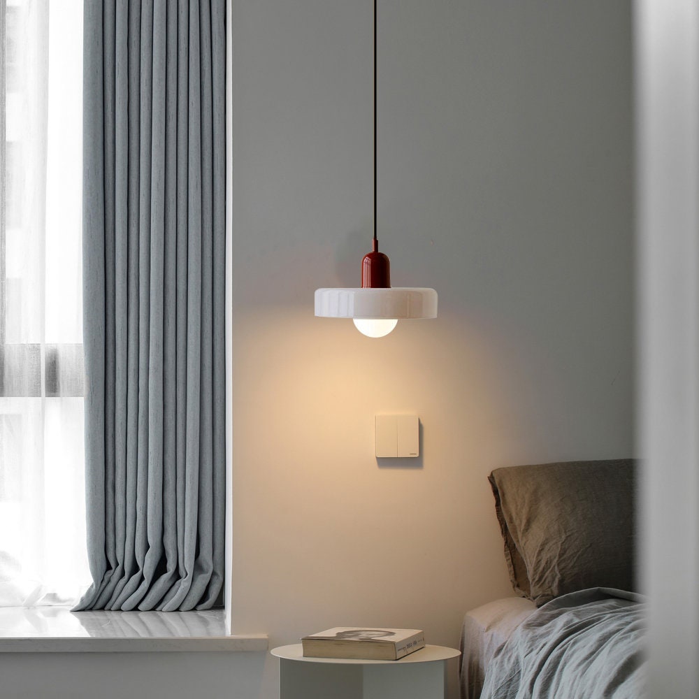 Glass Pendant Light Ceiling Fixture in Bauhaus Style | Even Glow over a Dining Table or Kitchen Island | 10 x 7 Inch