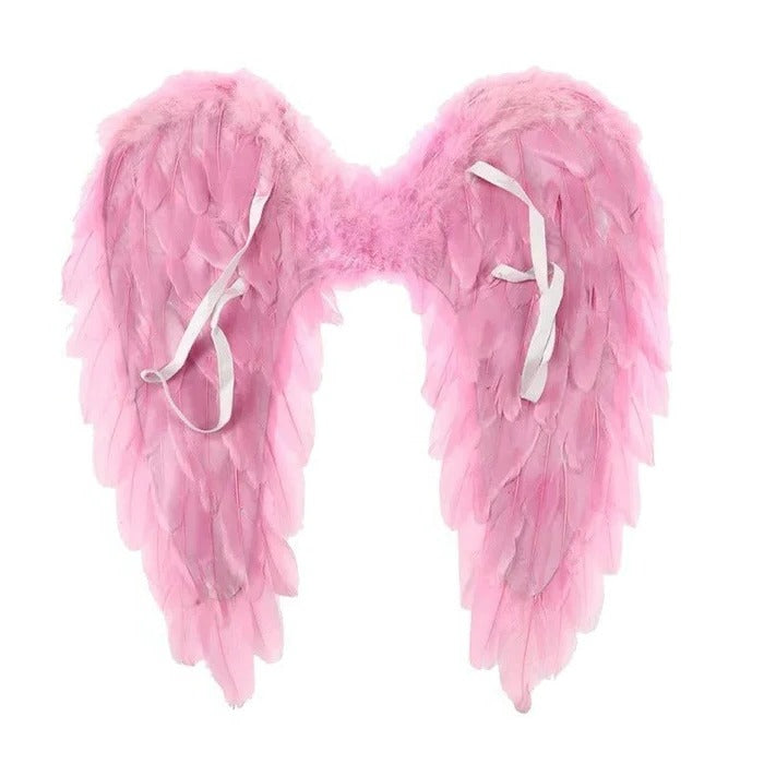 Pink feathered angel wings costume accessory for parties and photoshoots