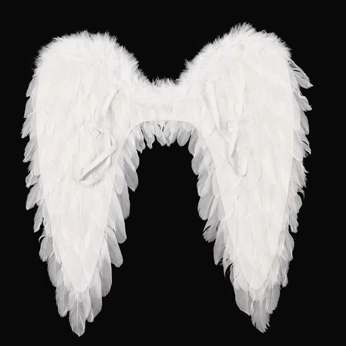 White feathered angel wings costume accessory with adjustable straps
