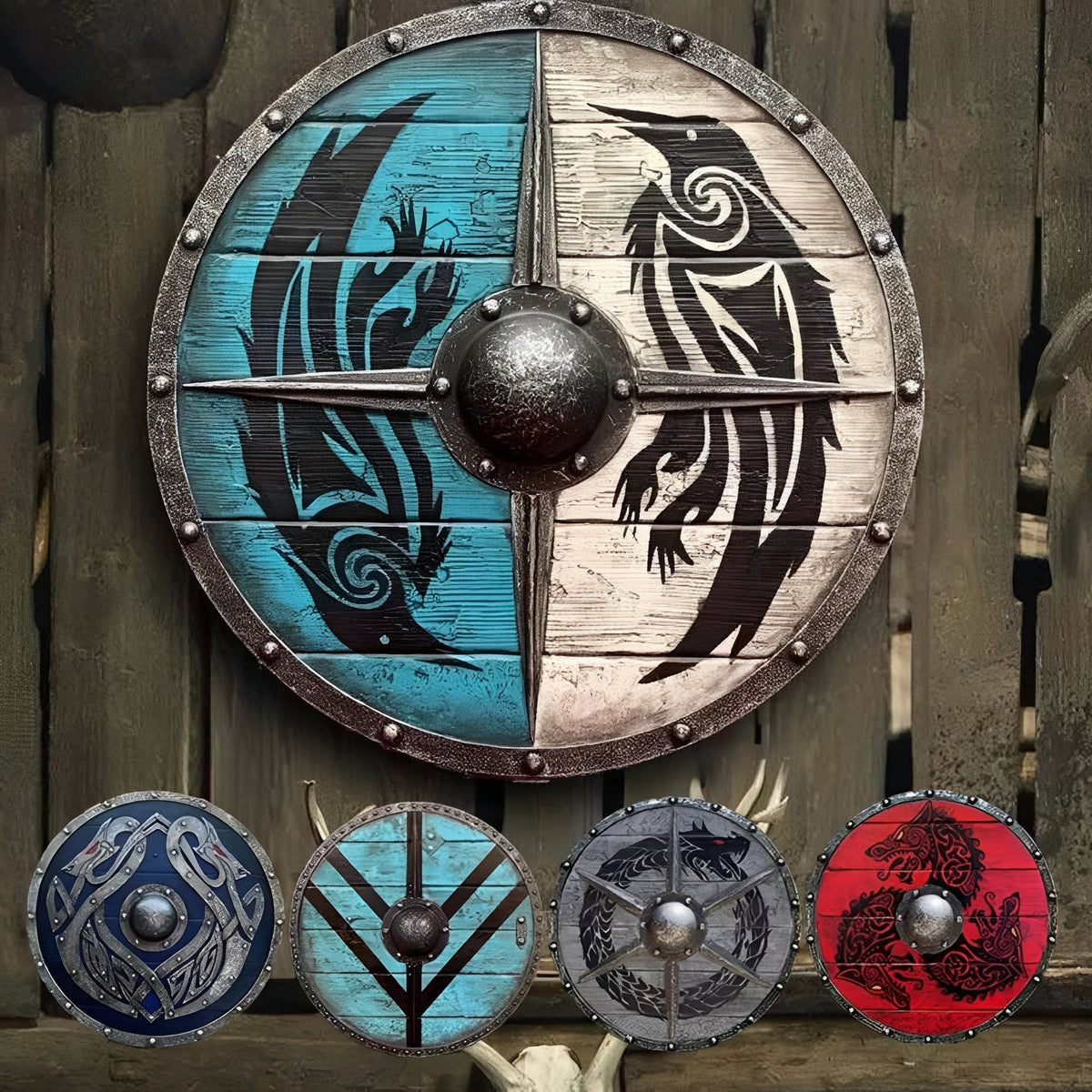 Distressed wood Viking shield shown from the front
