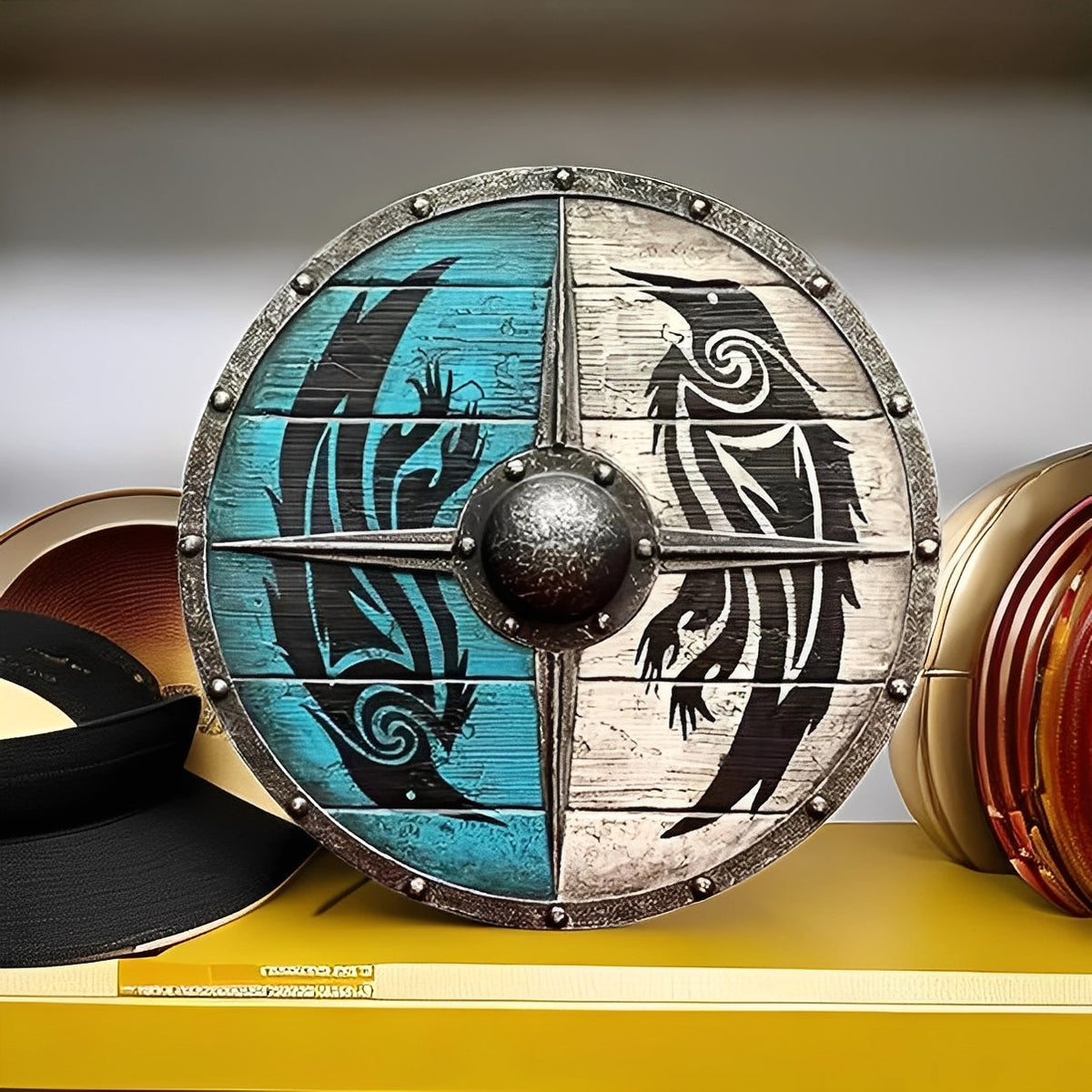 Close view of the battle-worn finish on the wooden shield