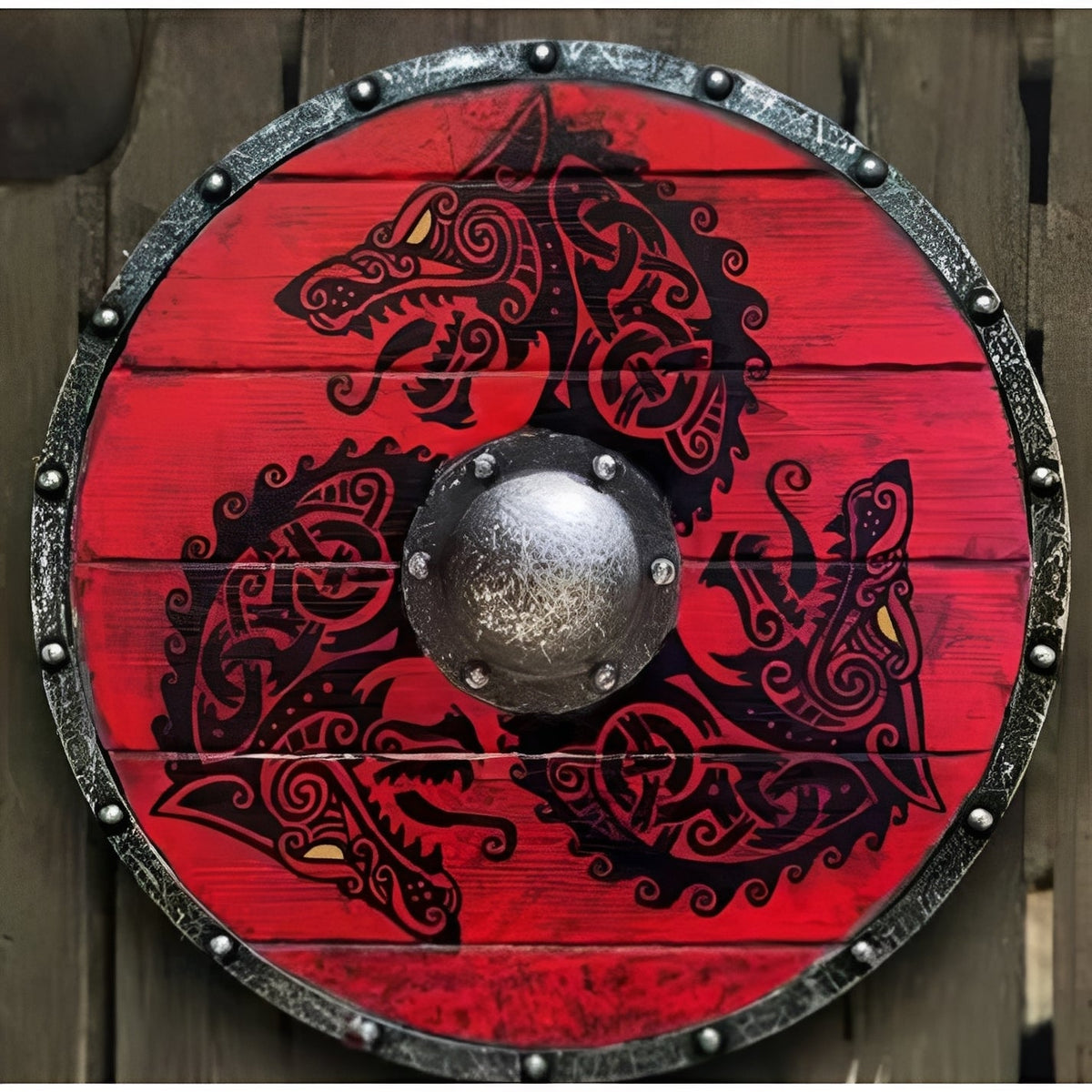 Red three dragon design wooden Viking shield