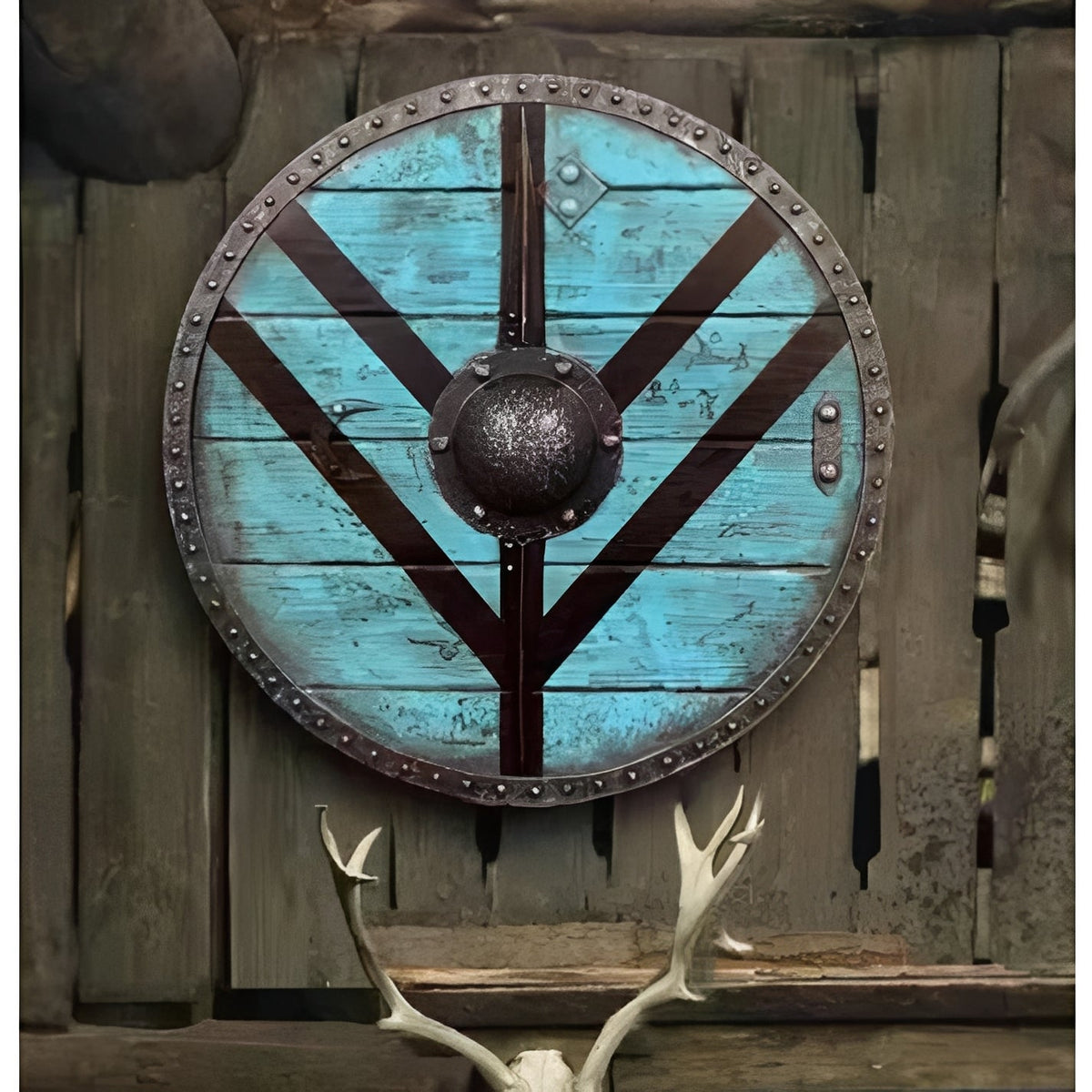 E type wooden Viking shield with distressed finish