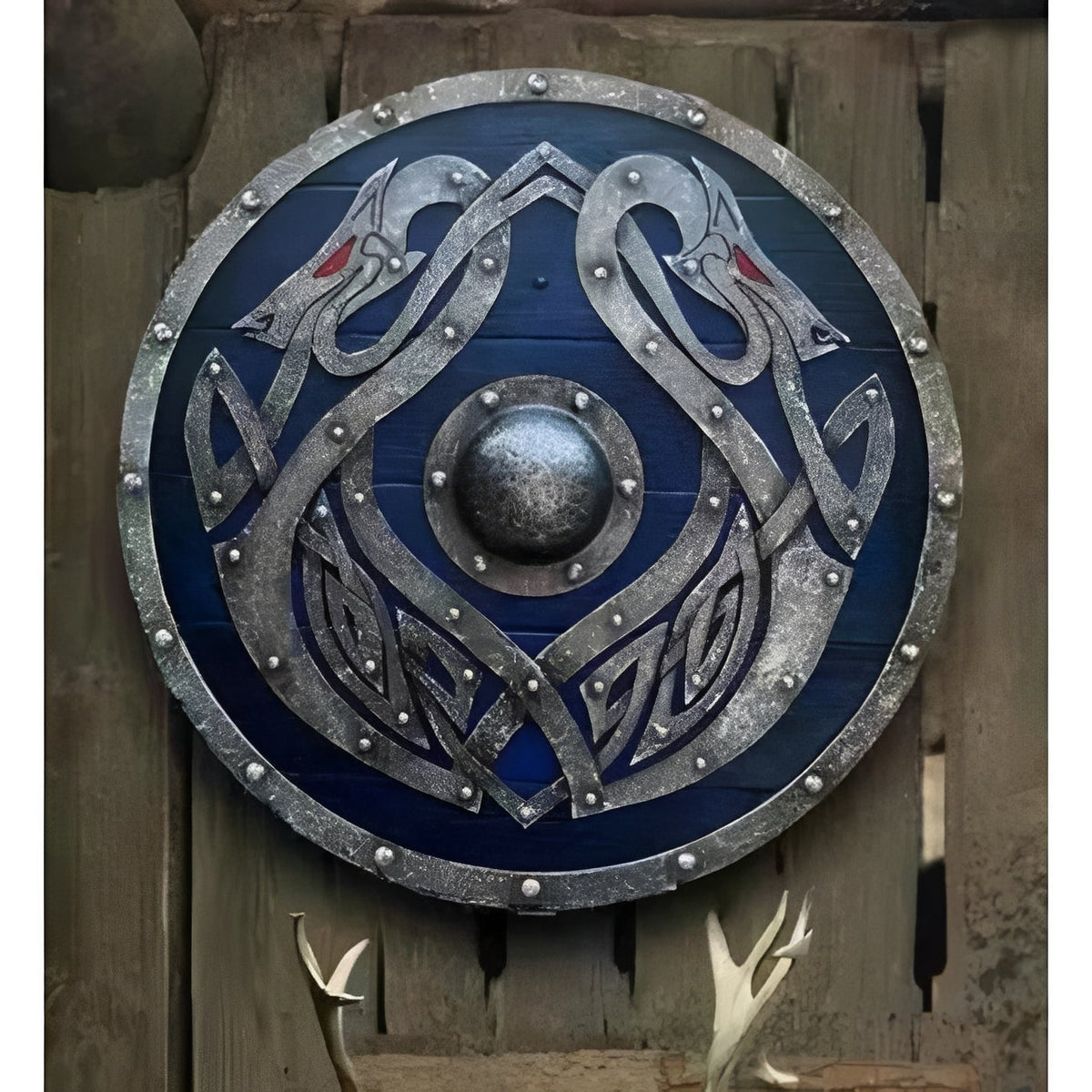 F type wooden Viking shield with distressed finish