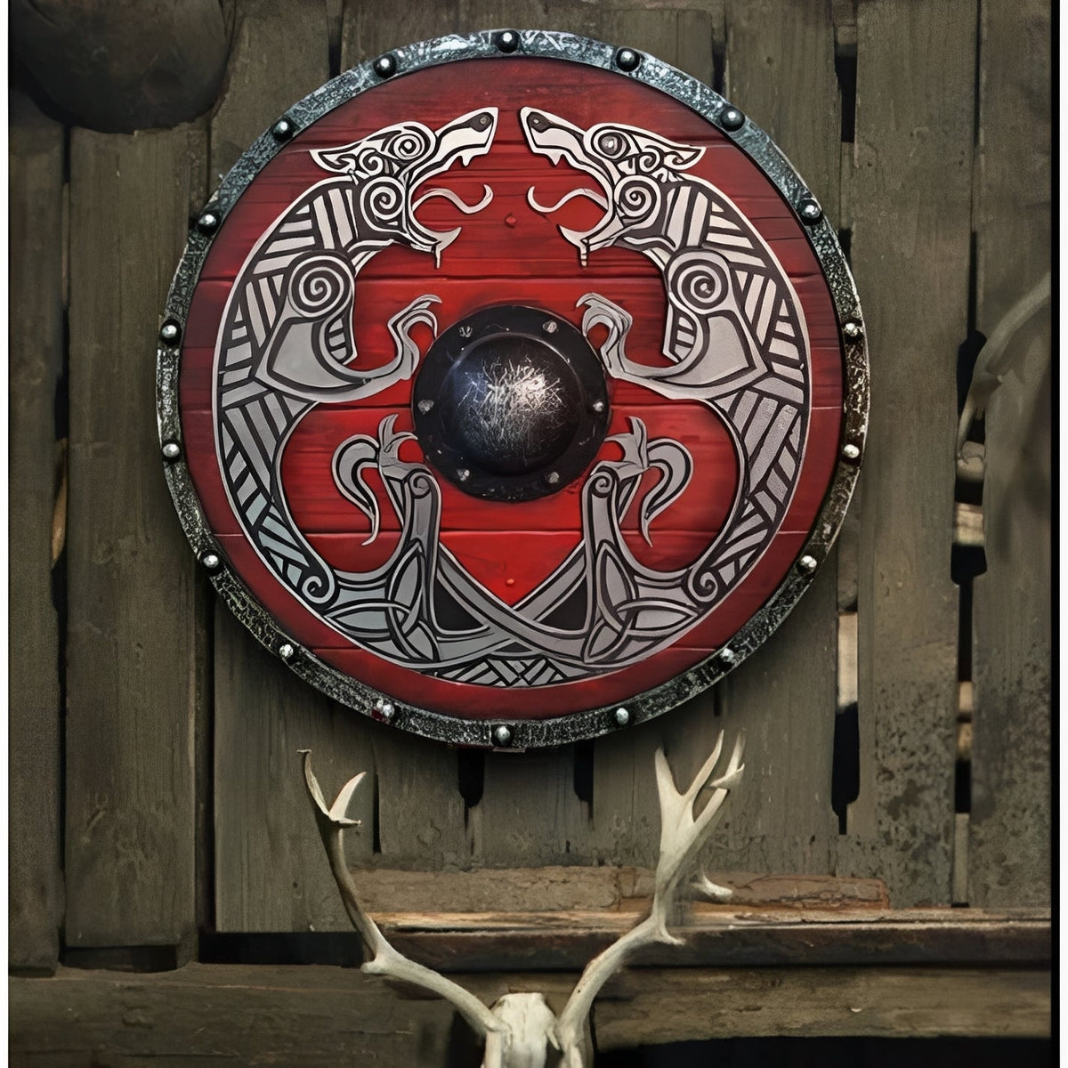 Red double dragon design wooden Viking shield