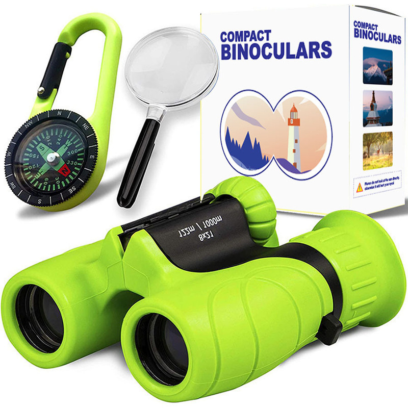 Kids Binoculars 8x21 with Compass and Magnifying Glass | Shockproof Rubber Grip, Central Focus Wheel | 3 Colors