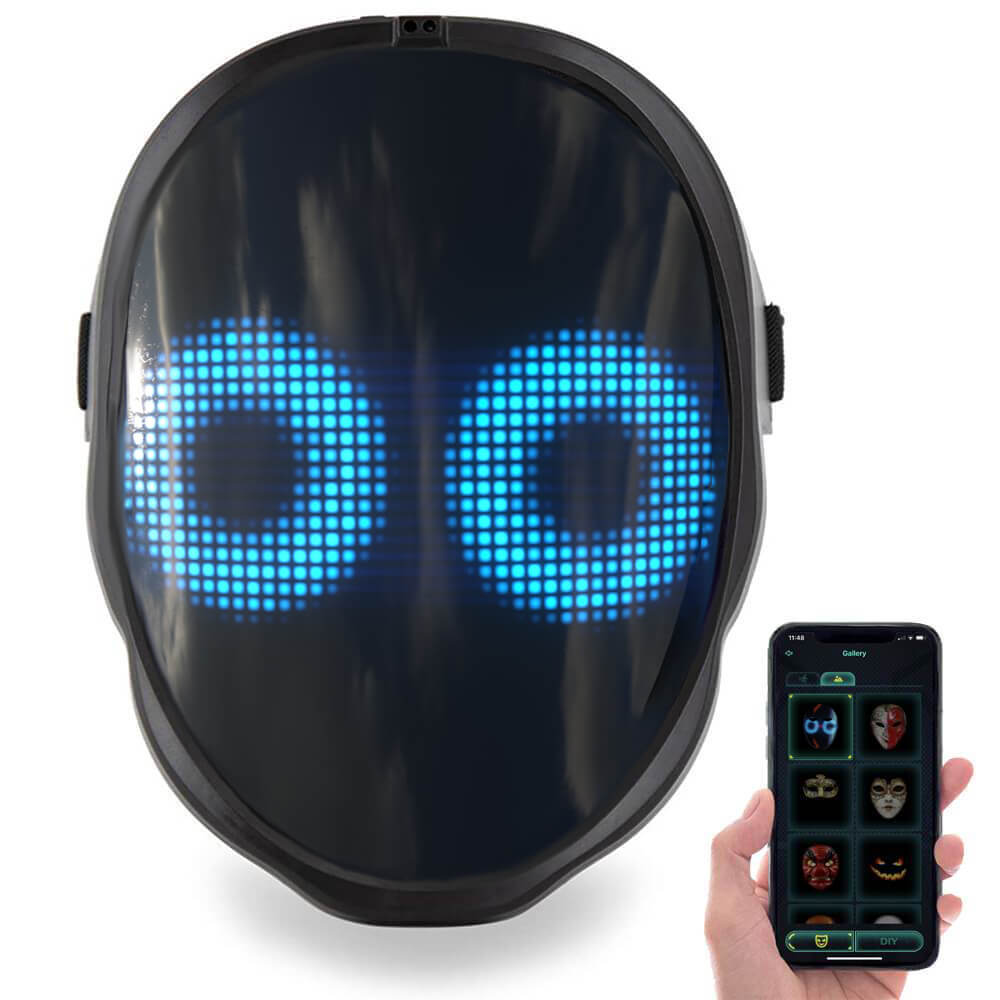 LED costume face mask showing a glowing animated face