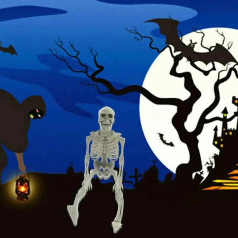 Halloween skeleton prop posed with bent arms and legs