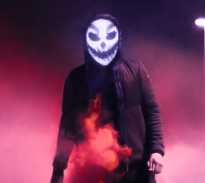 App controlled LED face mask showing a spooky design