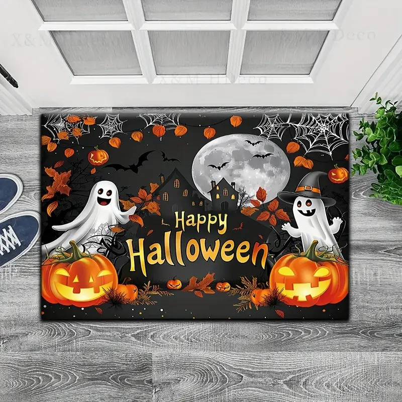 Halloween doormat in front of a dark wooden door