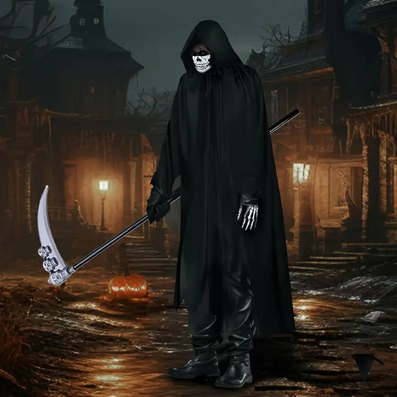 Grim Reaper Halloween costume with black hooded robe and scythe