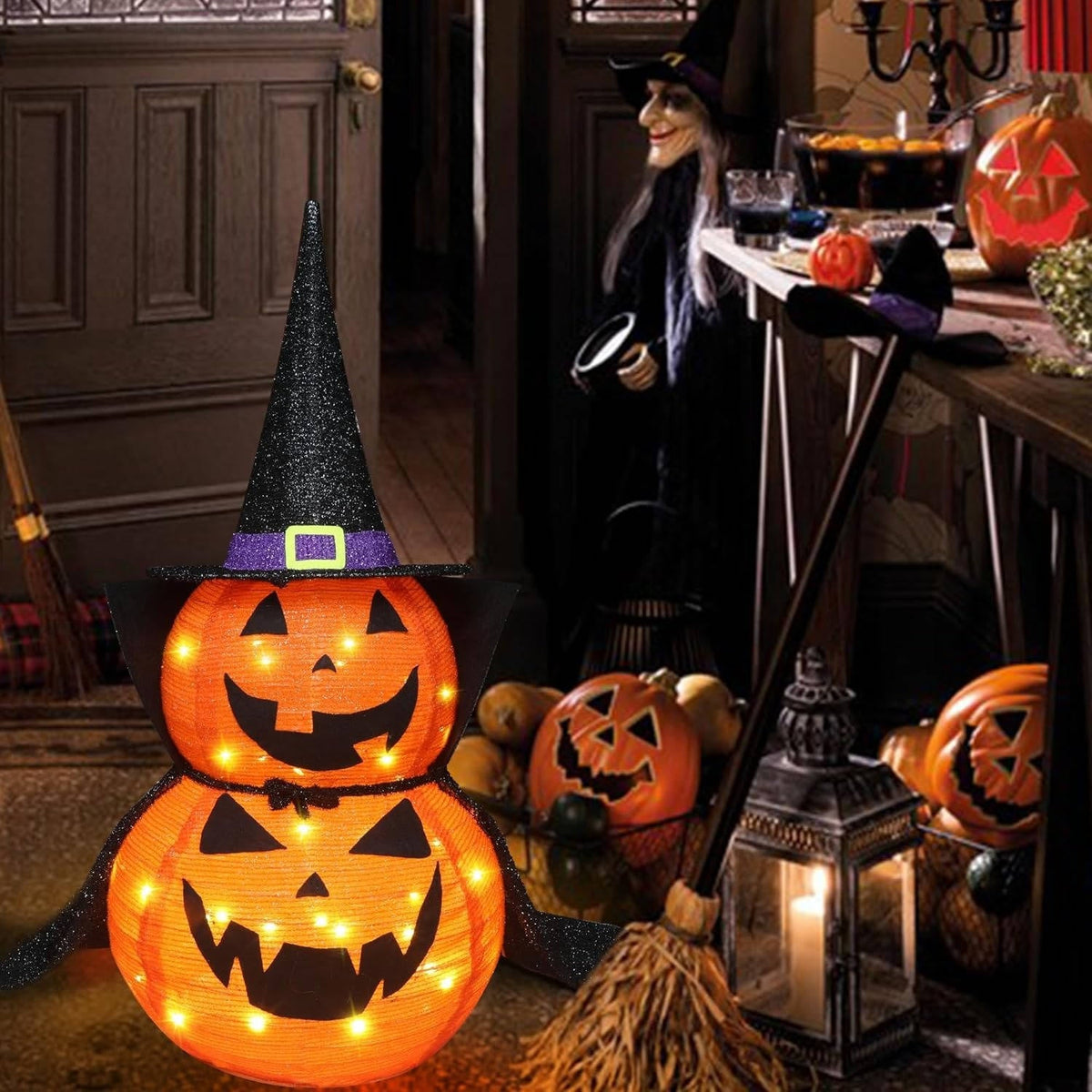 Lighted Halloween Pumpkin Set Of 2 | 3 Ft Tall With 176 Warm White LEDs Each | Collapsible Metal Frame, No Tools