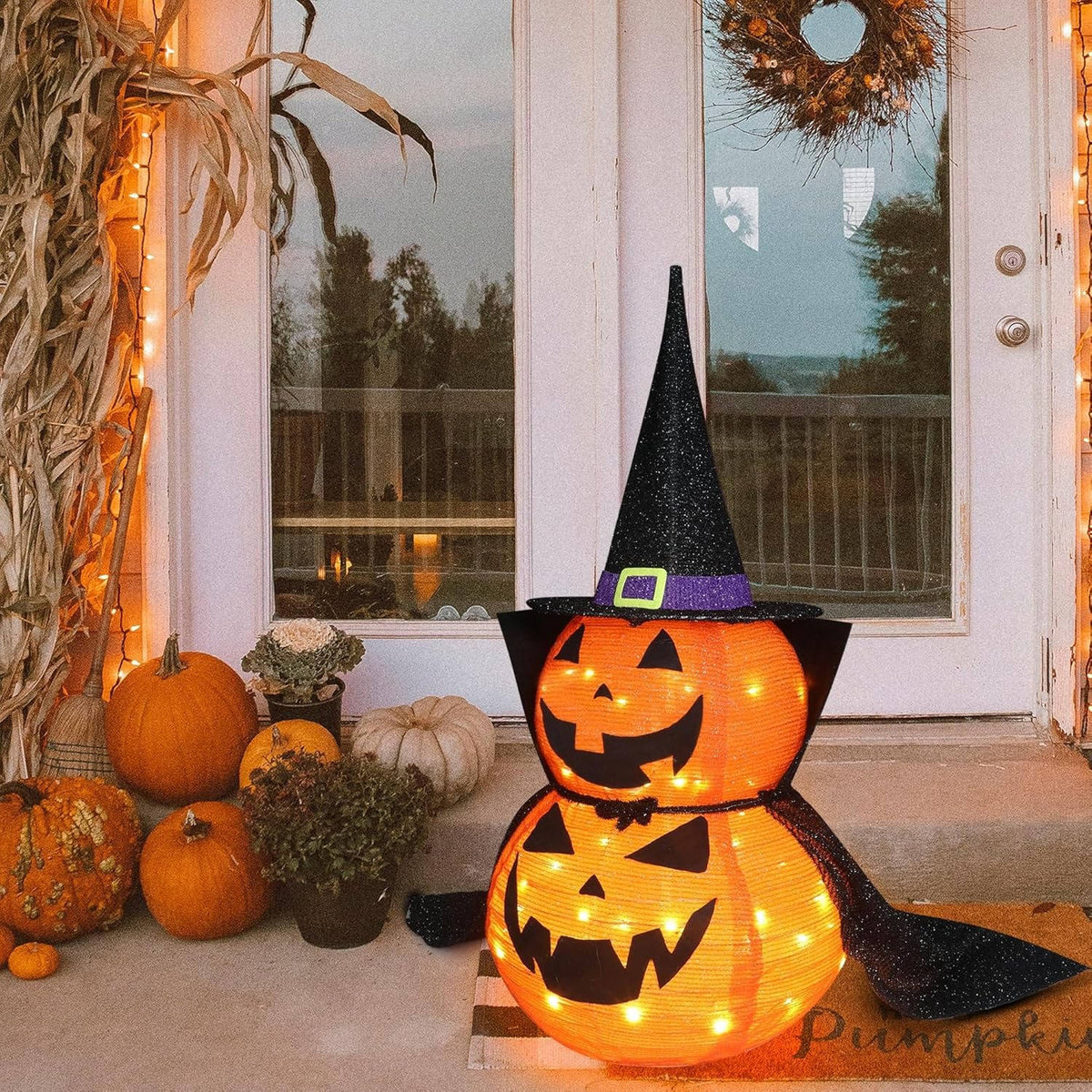Lighted Halloween Pumpkin Set Of 2 | 3 Ft Tall With 176 Warm White LEDs Each | Collapsible Metal Frame, No Tools