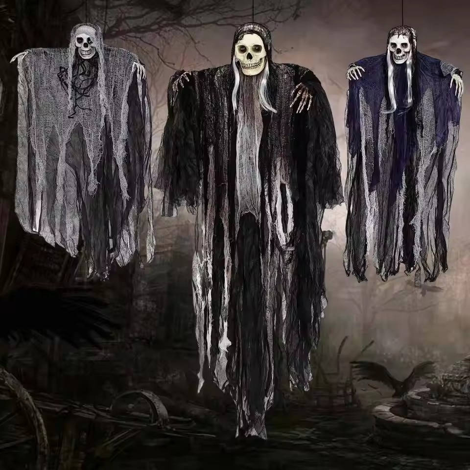 Large 53 inch hanging reaper figure with skull head and white hair