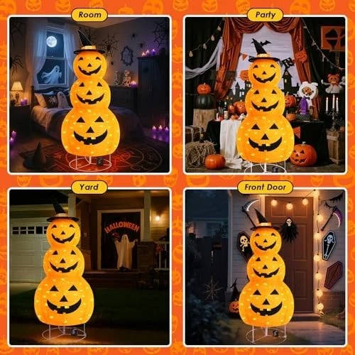Jack-o-lantern face glowing on the Halloween yard decoration
