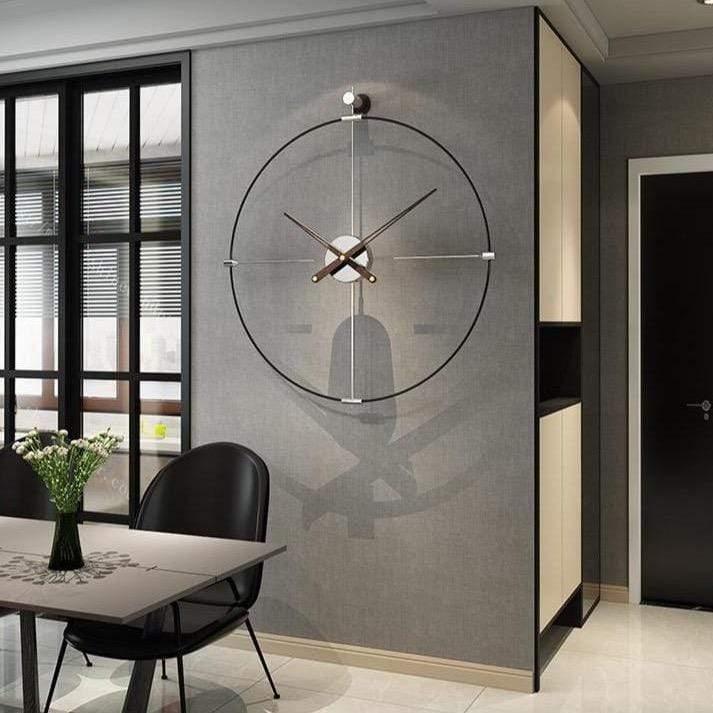 Oversized Wall Decor Clock with Wooden Hands and Brass Rivets | Open Metal Ring, No Numerals | 63 x 69 cm