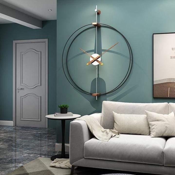 Oversized Wall Decor Clock with Wooden Hands and Brass Rivets | Open Metal Ring, No Numerals | 63 x 69 cm