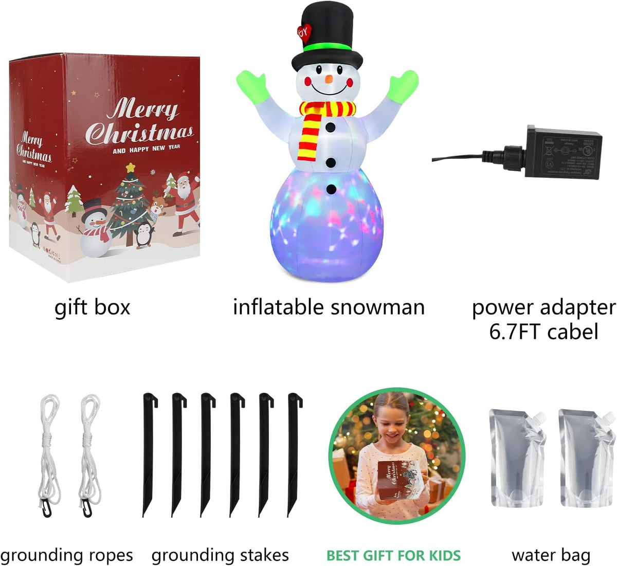 Inflatable Christmas Snowman 213 cm with LED Lights | Weather-Resistant Blow Up Yard Decorations | Gift Box Design