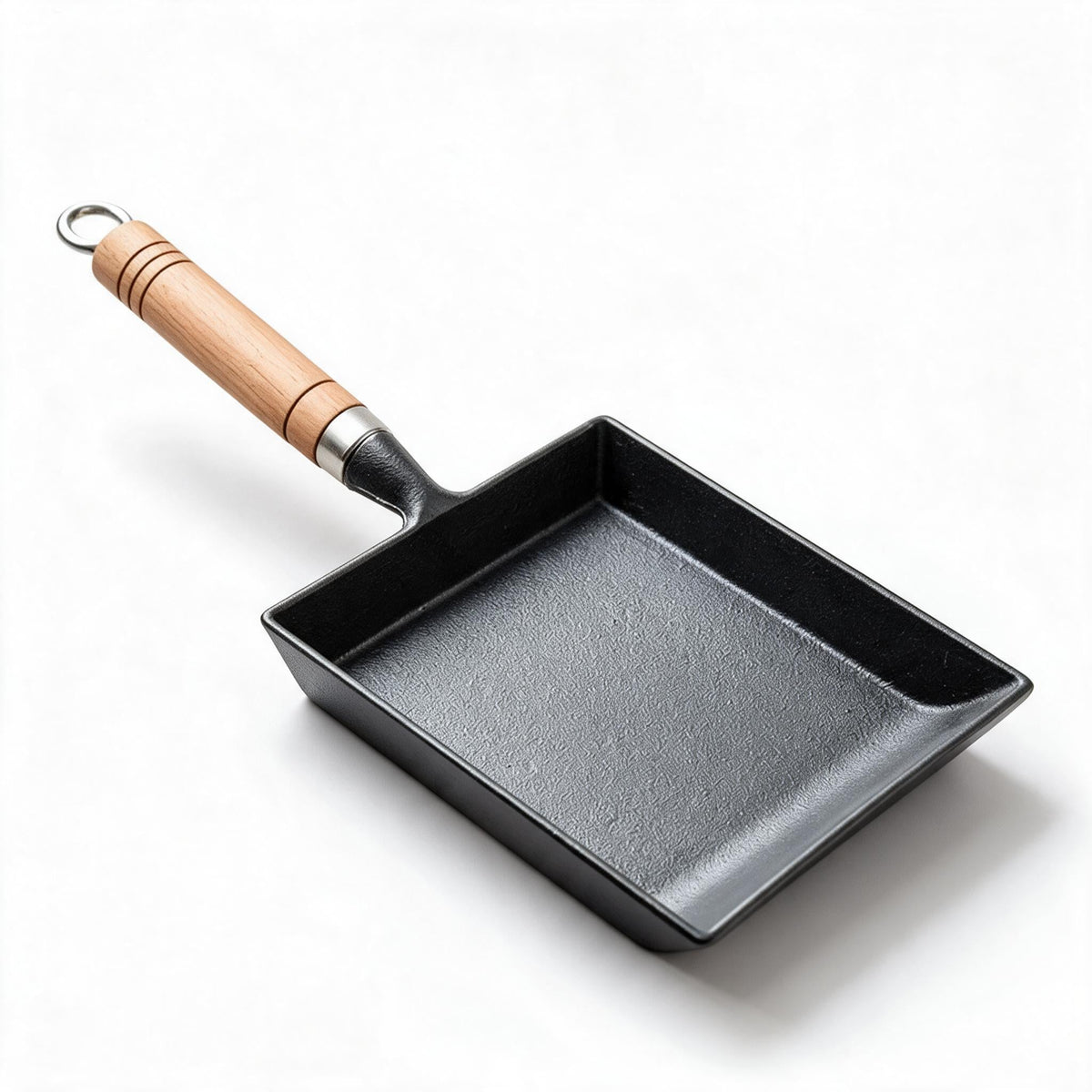 Japanese Cast Iron Frying Pan for Tamagoyaki | Square Base with a Wooden Handle | Natural Surface, No Chemical Coating