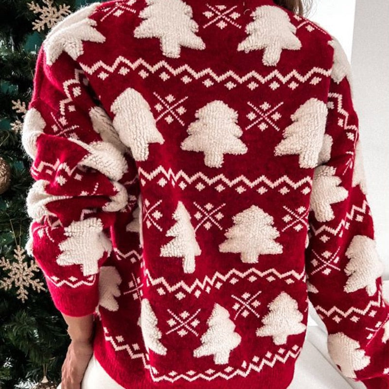 Christmas Sweater Women with Tree Motif in Red or Green | Soft Cosy Knitwear for Festive Parties | Sizes S to XL