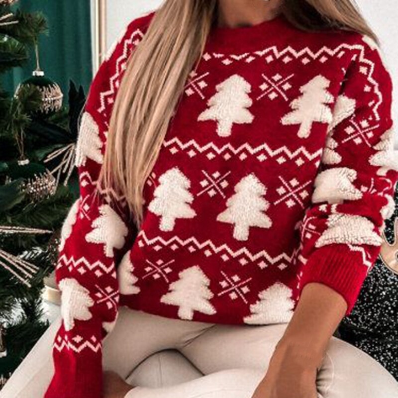 Christmas Sweater Women with Tree Motif in Red or Green | Soft Cosy Knitwear for Festive Parties | Sizes S to XL