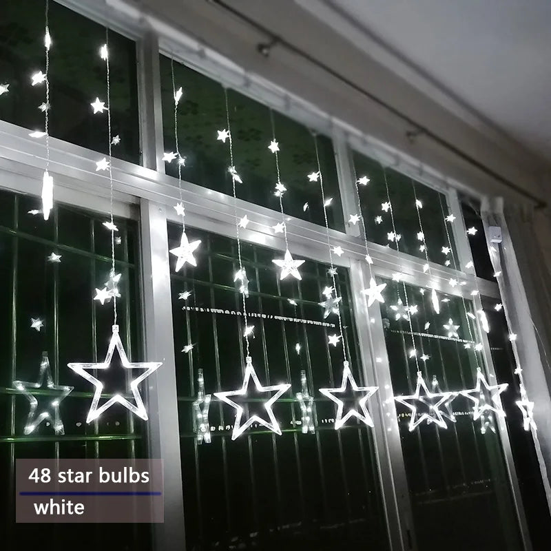 LED Star Curtain Christmas String Lights for Windows and Trees | Connectable Sets with Multiple Modes | Seven Color Choices