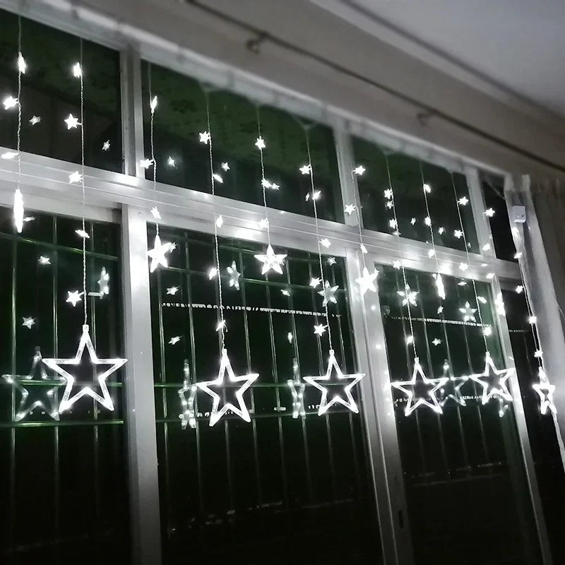 LED Star Curtain Christmas String Lights for Windows and Trees | Connectable Sets with Multiple Modes | Seven Color Choices